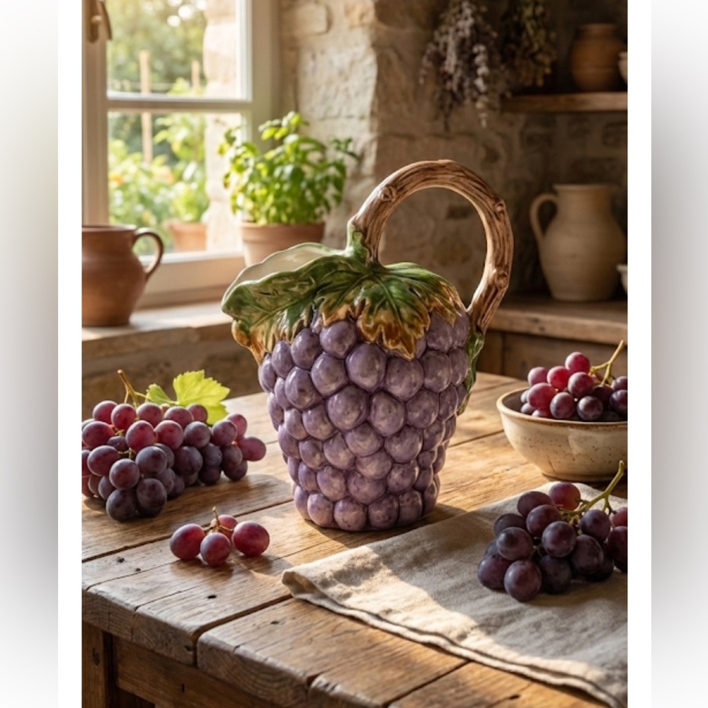 Vintage La Casa Italian Ceramic Grape Pitcher Purple Majolica Style Hand Painted